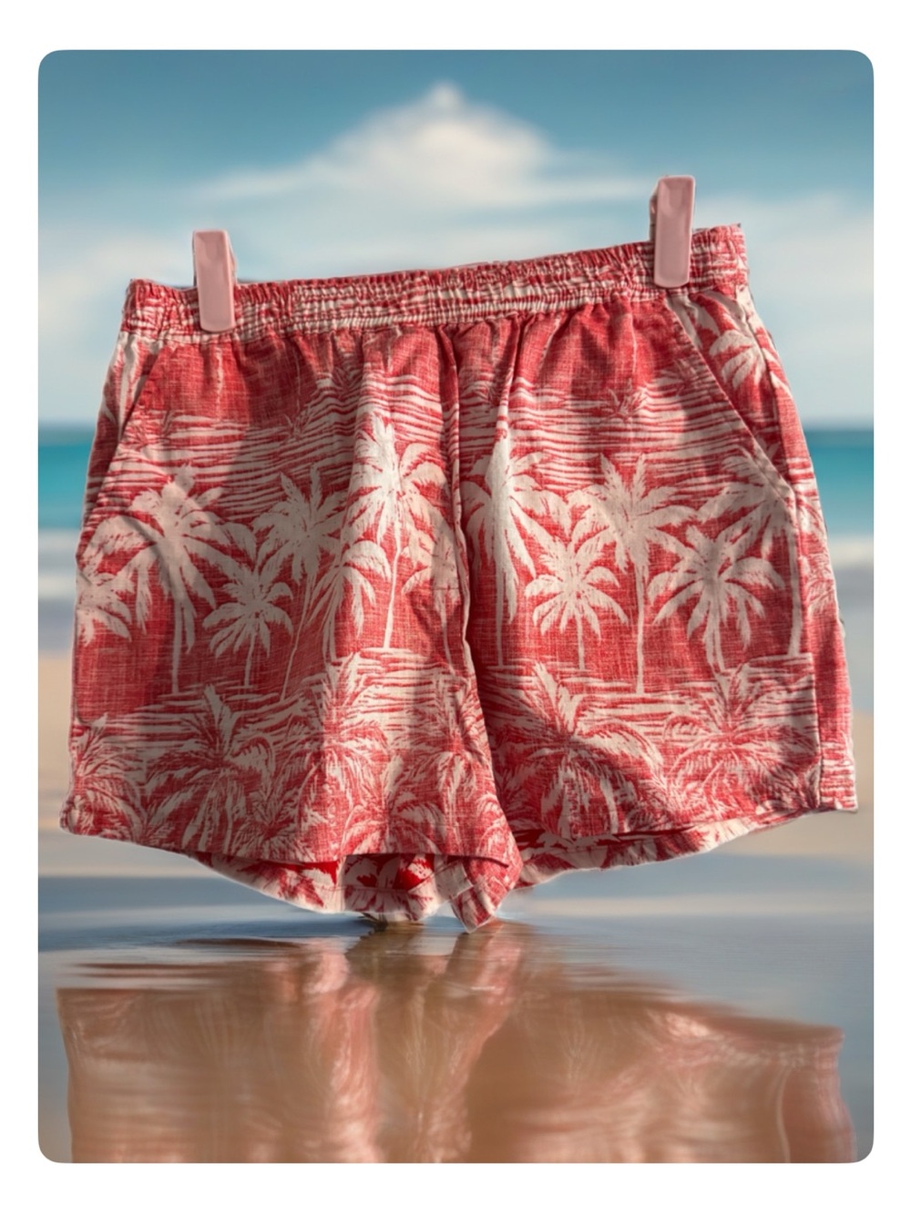 Billabong Coral and White Palm-Print Elastic Waist Shorts